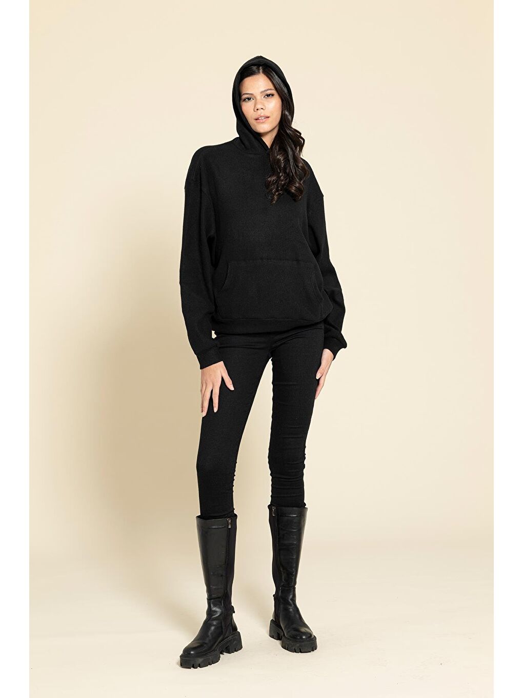 Oversize Kanguru Cepli Siyah Sweatshirt-4