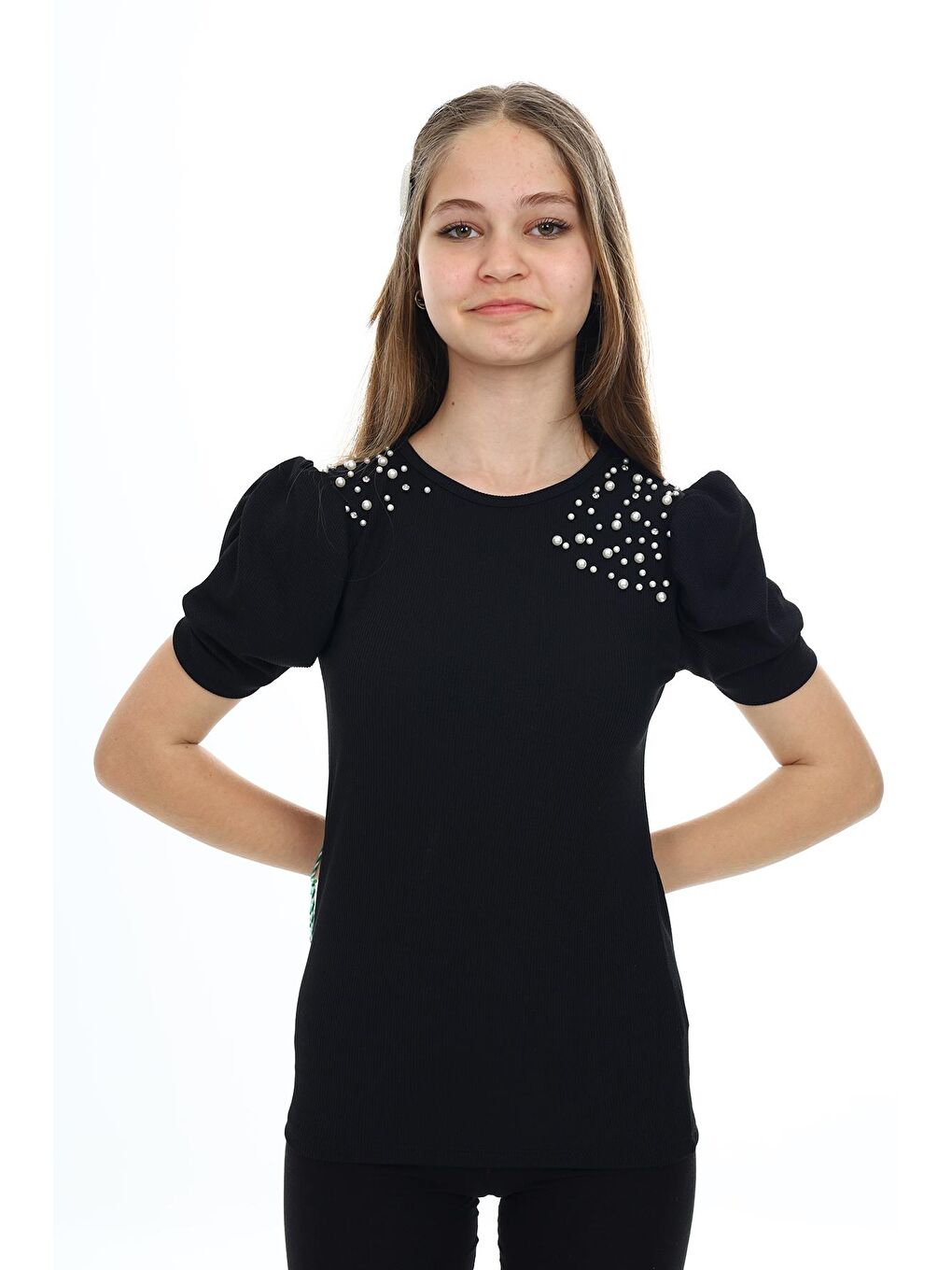 Siyah Kız Çocuk Bluz-Yaka İnci Taşlı-Bürümcük Müslin Kumaş 6-13 Yaş 9372