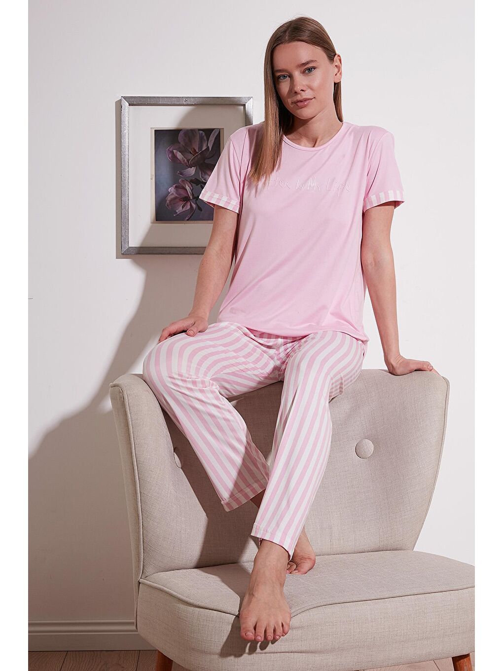 Lela Pembe Bambu Karışımlı Yumuşak Dokulu Bisiklet Yaka Pijama Takımı 6097605 - 1