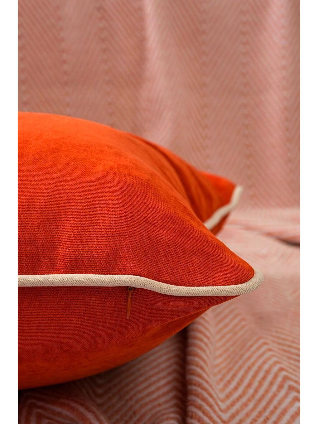 Kahverengi Renk Seçenekli Krem Biyeli Turuncu Kırlent Kılıfı Dekoratif Düz Sade Punch Panoroma Panbiy-2