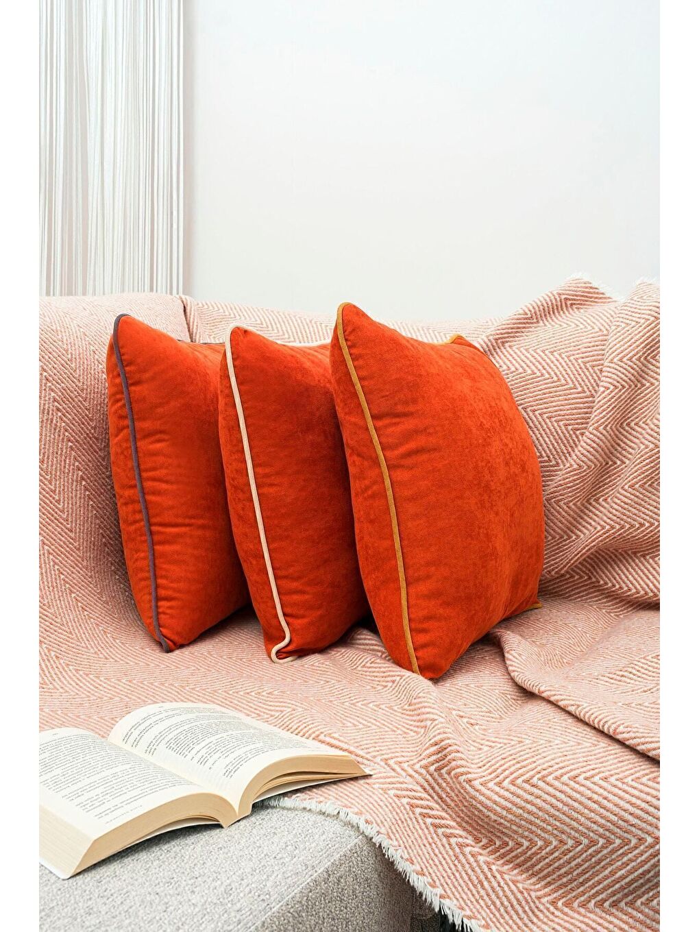 Kahverengi Renk Seçenekli Krem Biyeli Turuncu Kırlent Kılıfı Dekoratif Düz Sade Punch Panoroma Panbiy-3