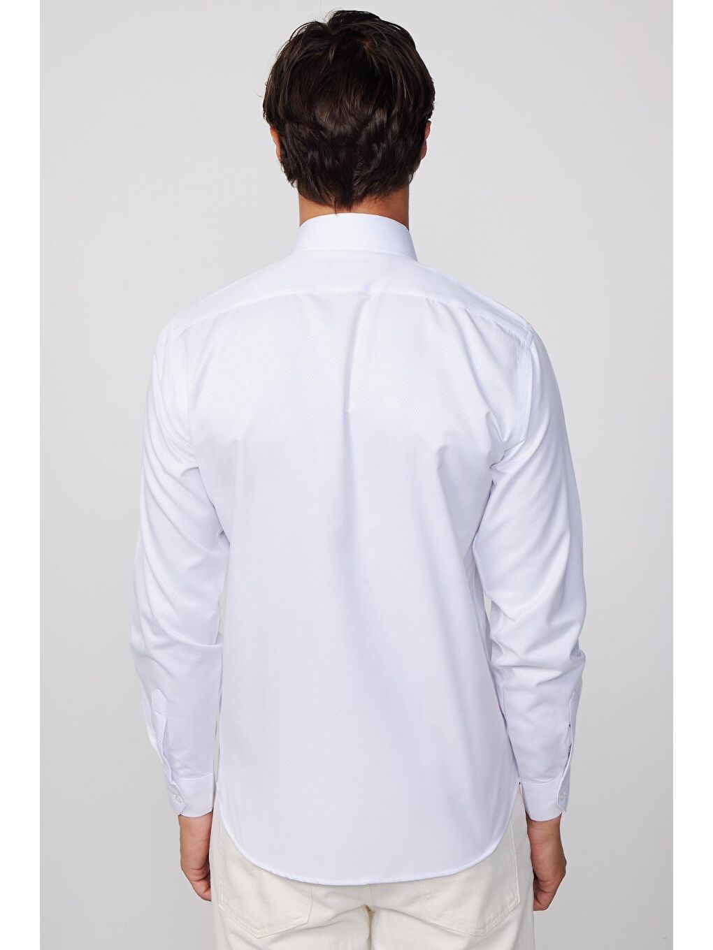 Modern Slim Fit Pamuklu Kolay Ütü Armürlü Beyaz Erkek Gömlek-4