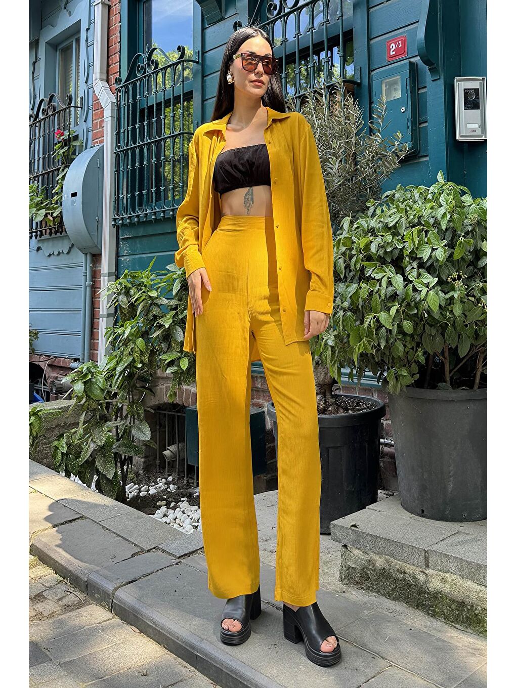 Sarı 3'Lü Viskon Krinkıl Bustiyerli Hardal Takım