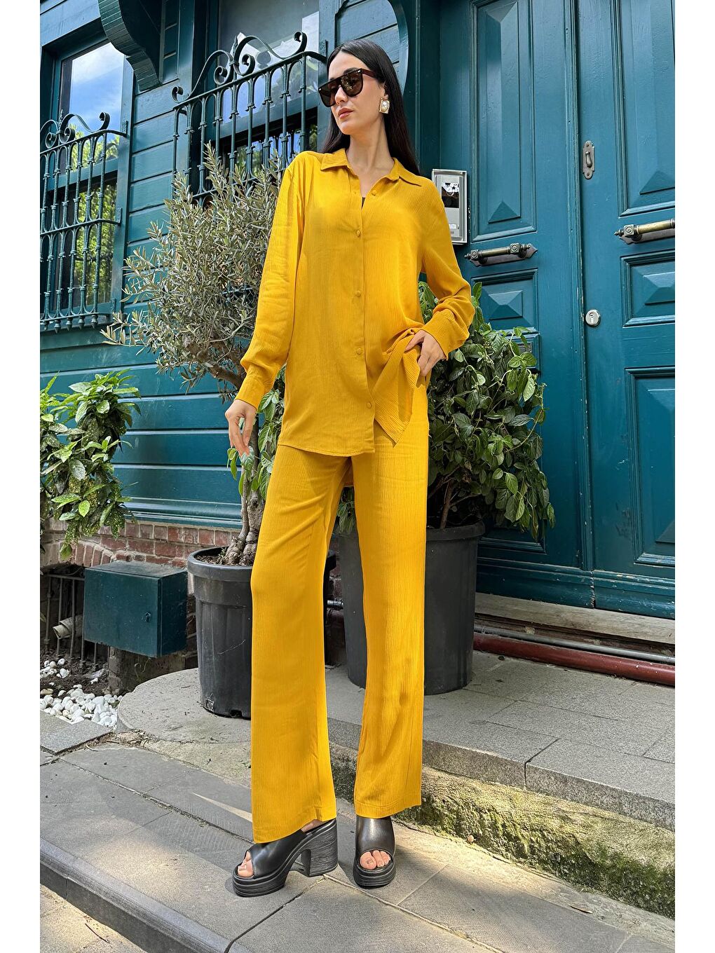 Sarı 3'Lü Viskon Krinkıl Bustiyerli Hardal Takım-1