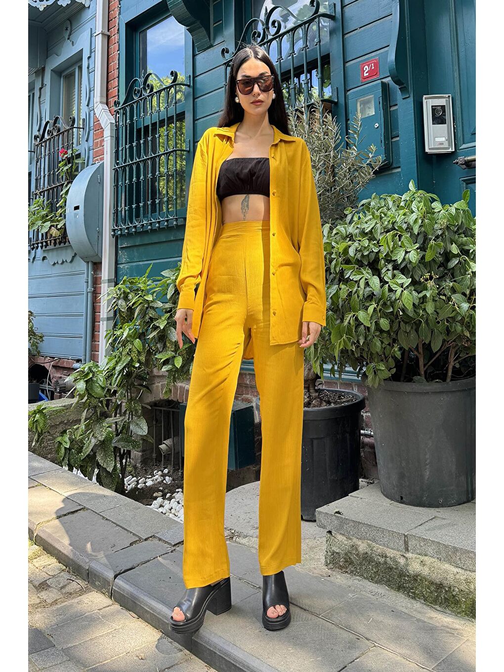 Sarı 3'Lü Viskon Krinkıl Bustiyerli Hardal Takım-2