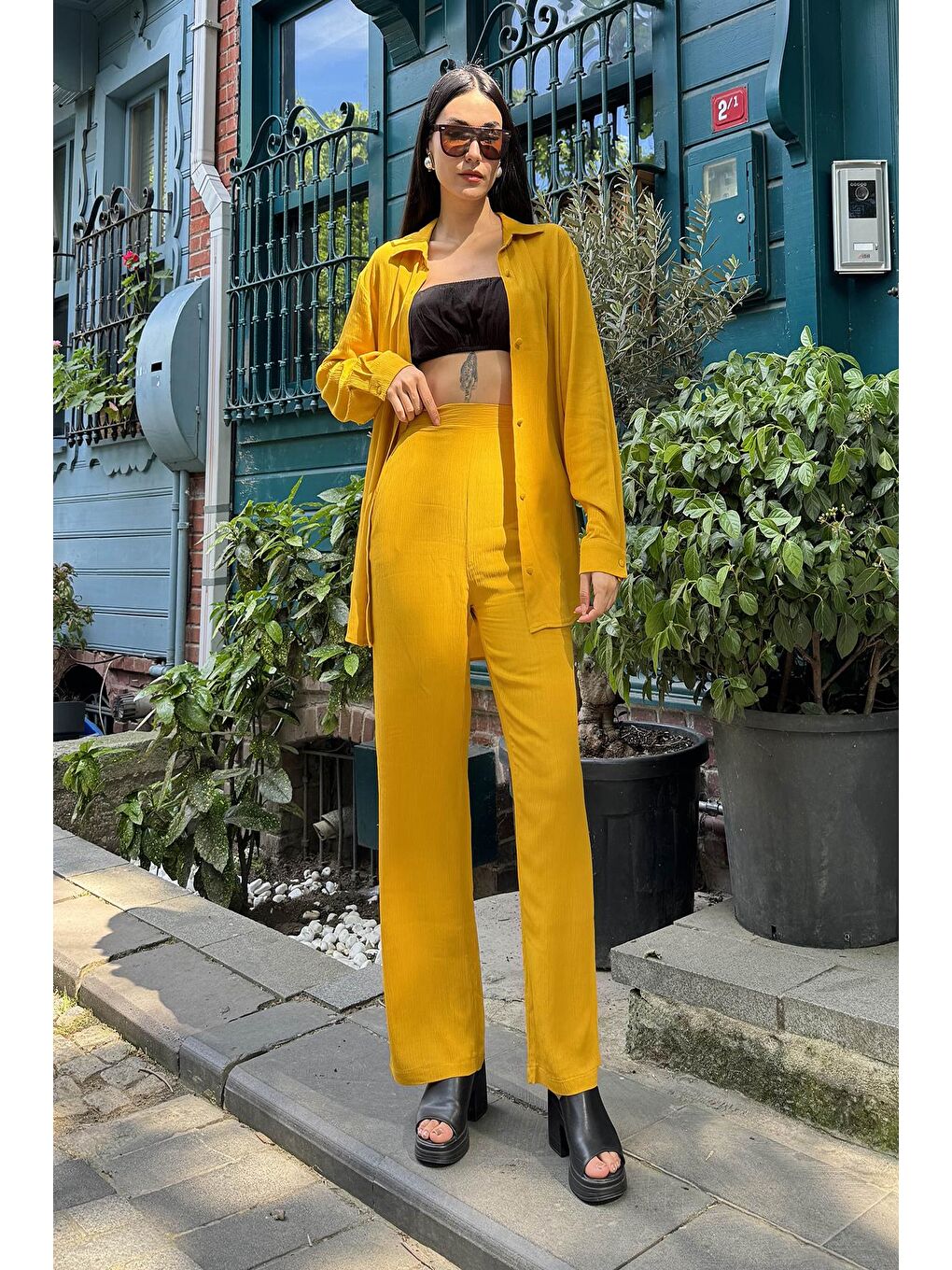 Sarı 3'Lü Viskon Krinkıl Bustiyerli Hardal Takım-3