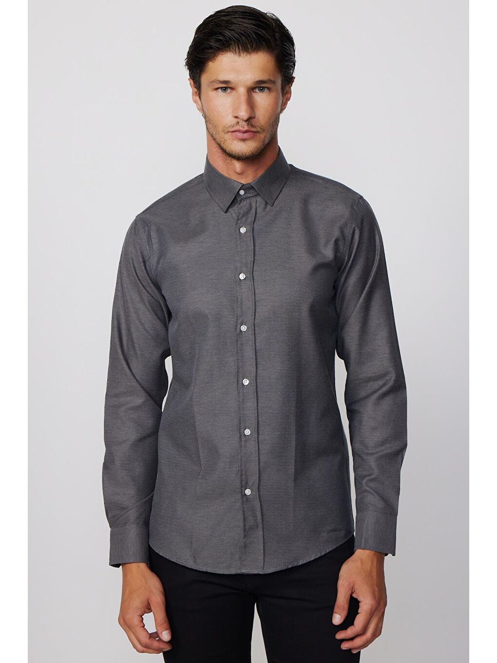 Modern Slim Fit Pamuklu Kolay Ütü Armürlü Gri Erkek Gömlek-1