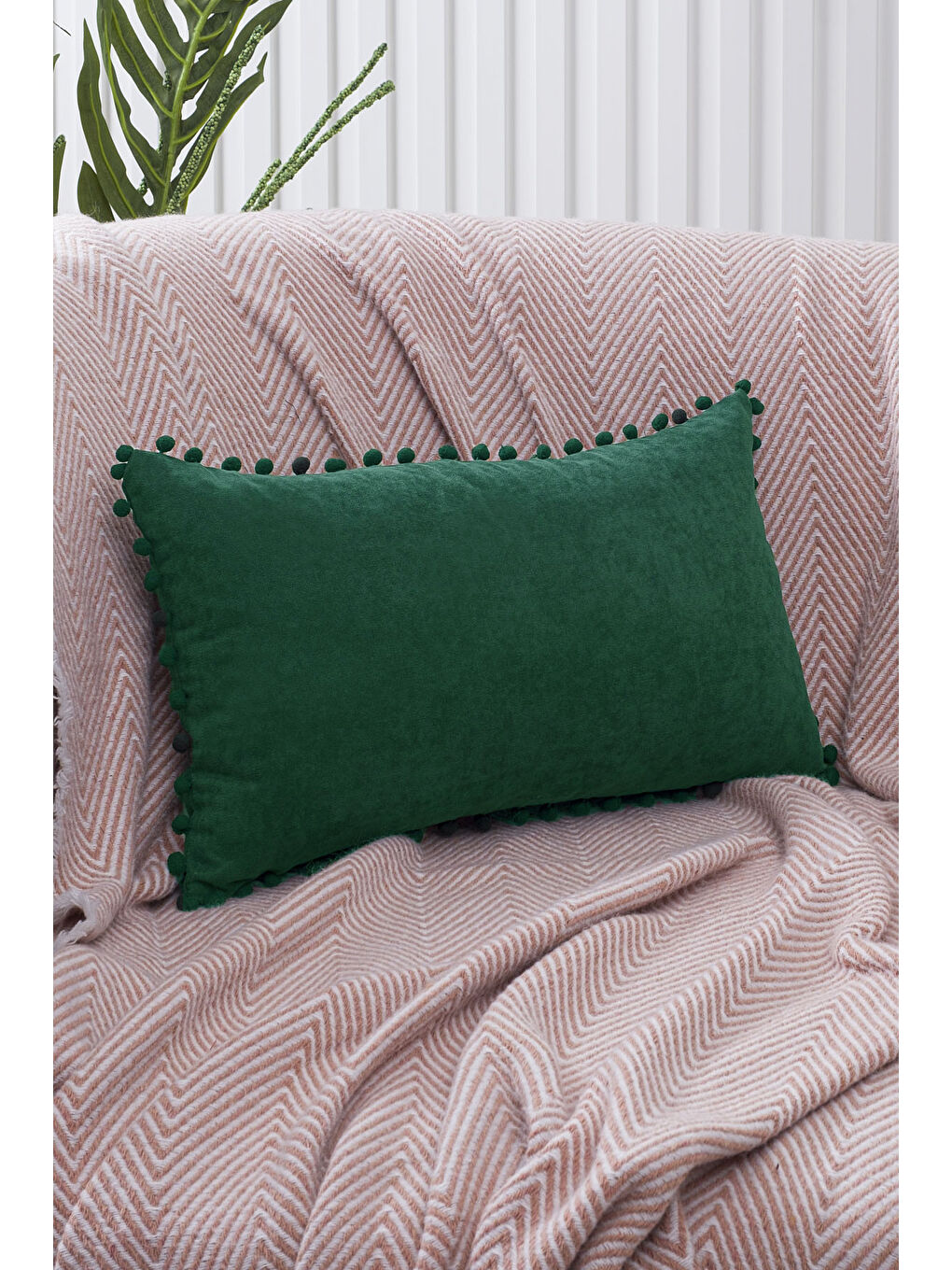 Renk Ve Ölçü Seçenekli Yeşil Ponponlu Kırlent Kılıfı Dekoratif Düz Sade Punch Panoroma