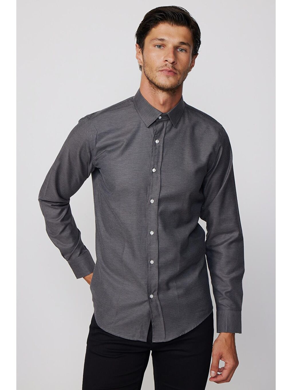 Modern Slim Fit Pamuklu Kolay Ütü Armürlü Gri Erkek Gömlek-2