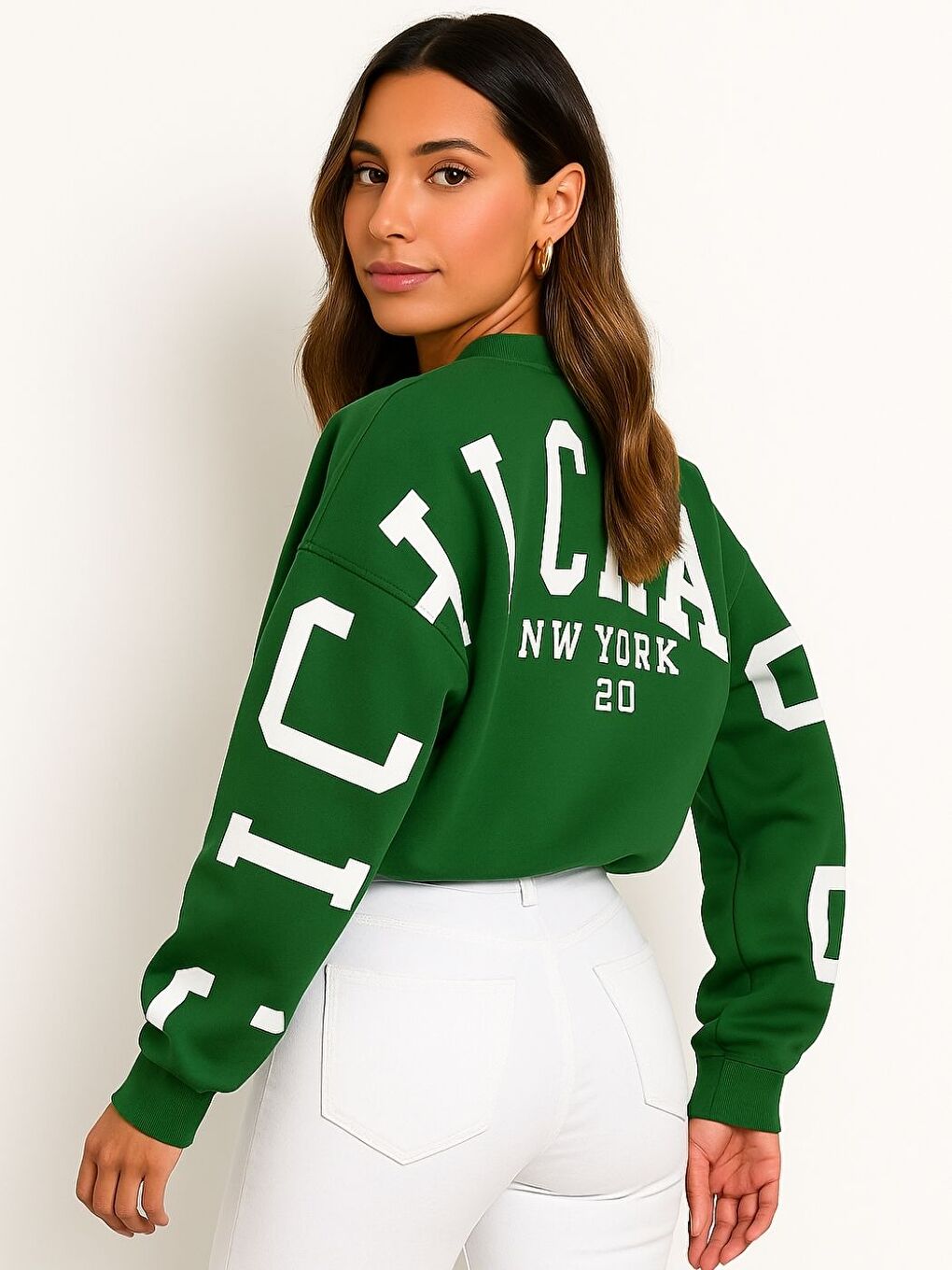 Yeşil Kadın Nefti yeşili Kolları Chicago Baskılı Oversize Bisiklet Yaka Sweatshirt