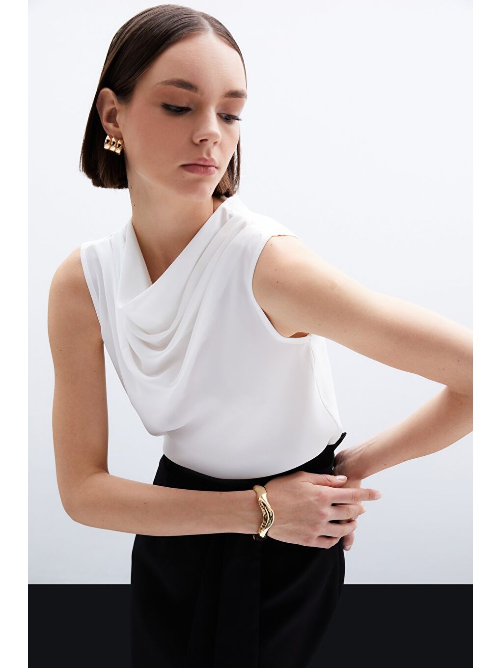 Degaje Yaka Kolsuz Bluz - Ekru-2