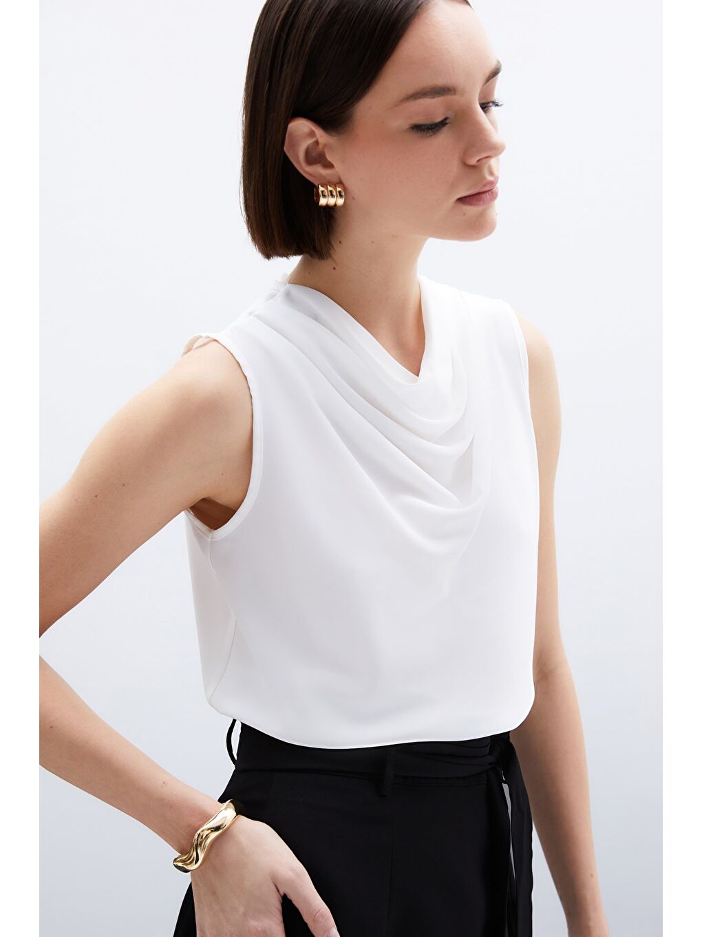 Degaje Yaka Kolsuz Bluz - Ekru-3