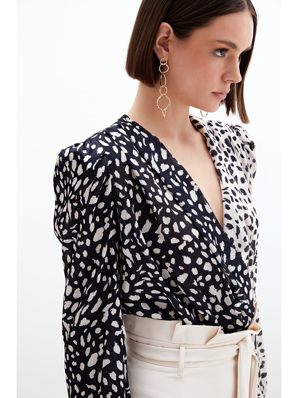 Kruvaze Desenli Bodysuit - Bej-Siyah-4