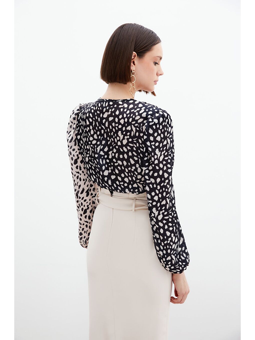 Kruvaze Desenli Bodysuit - Bej-Siyah-5