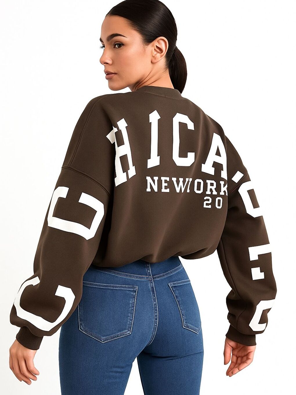 Kahverengi Kadın Kahvrengi Kolları Chicago Baskılı Oversize Bisiklet Yaka Sweatshirt