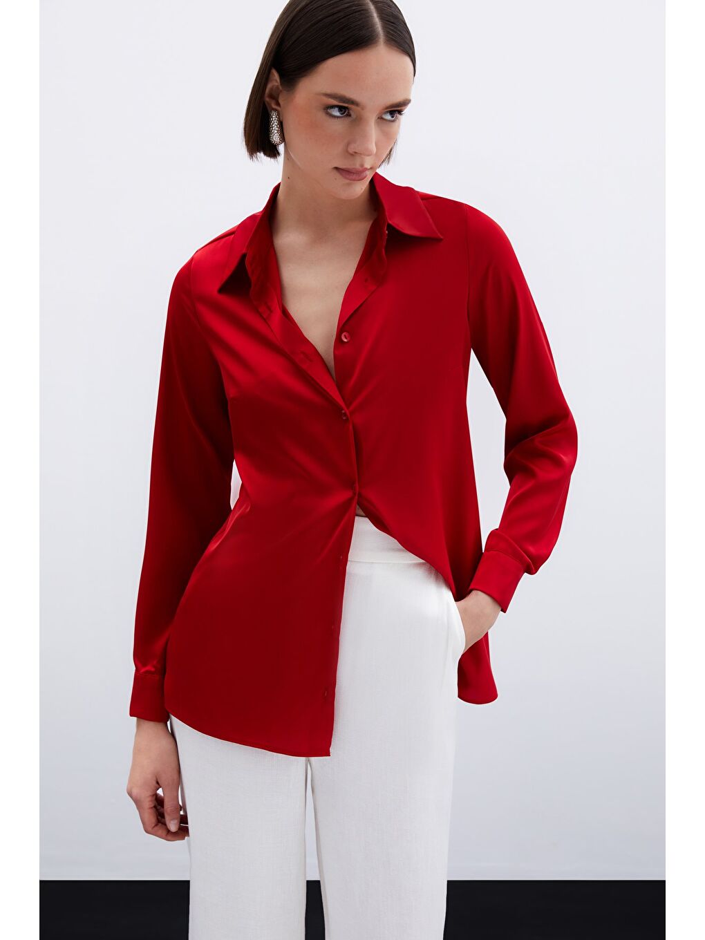 Saten Gömlek - Kırmızı-4