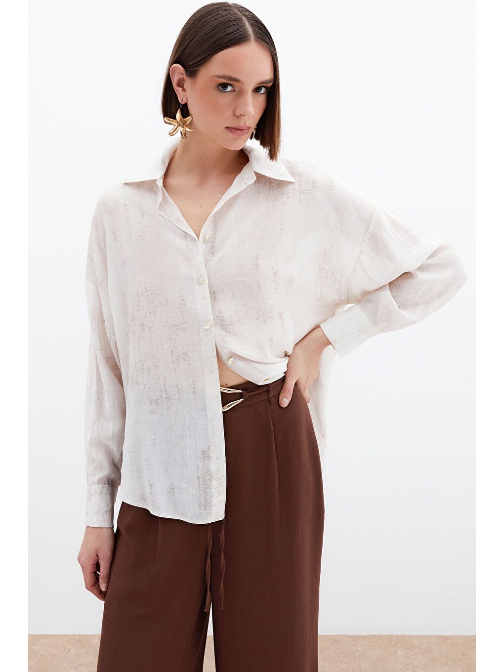 Bej Desenli İnce Salaş Gömlek - Taş-1