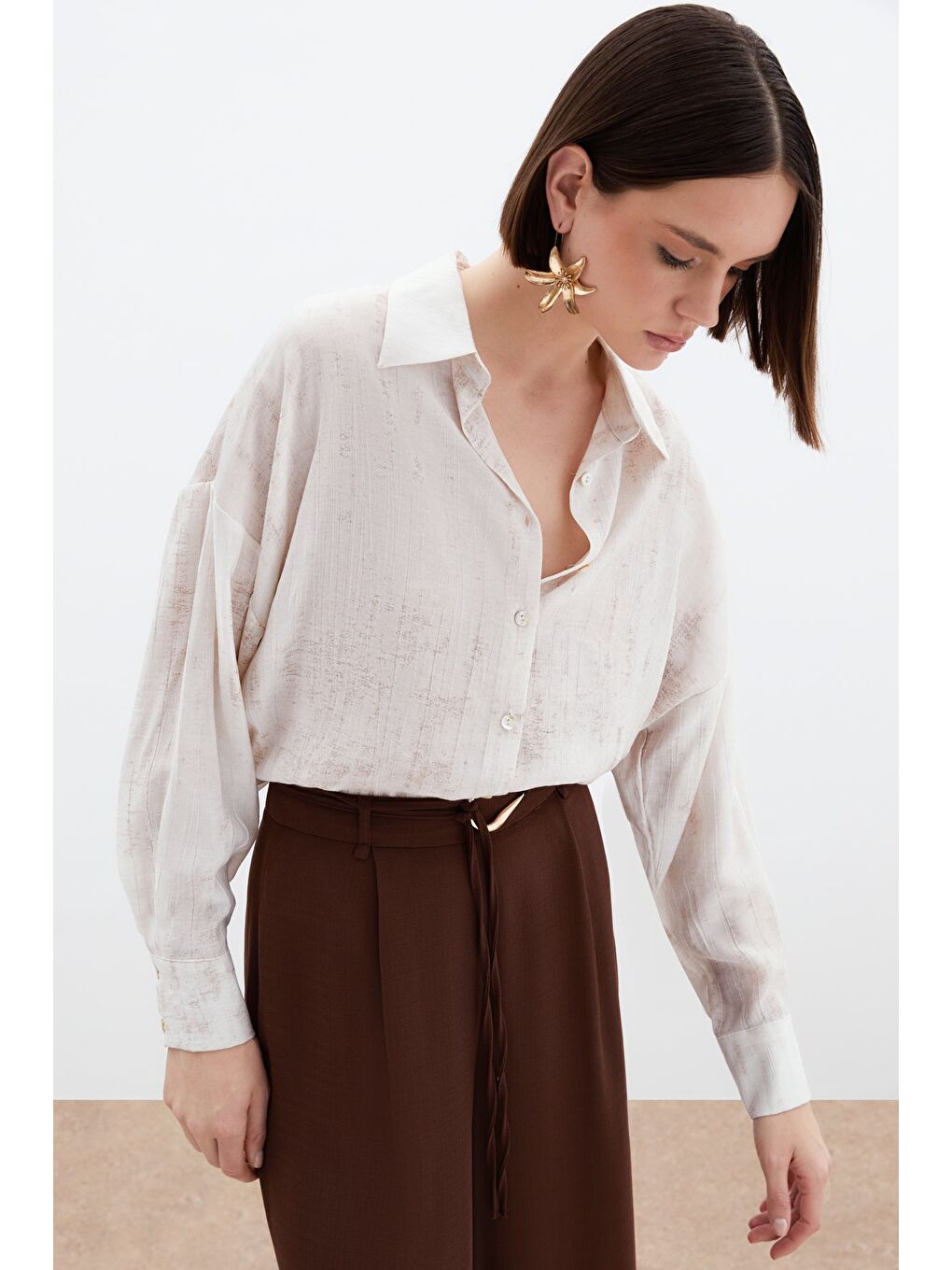 Bej Desenli İnce Salaş Gömlek - Taş-2