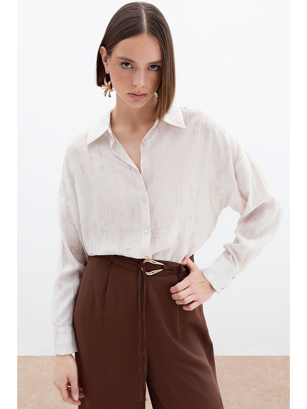 Bej Desenli İnce Salaş Gömlek - Taş-3