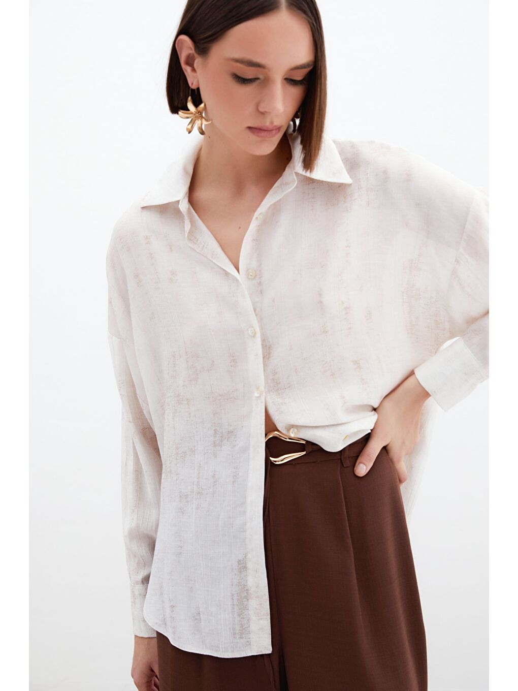 Bej Desenli İnce Salaş Gömlek - Taş-4