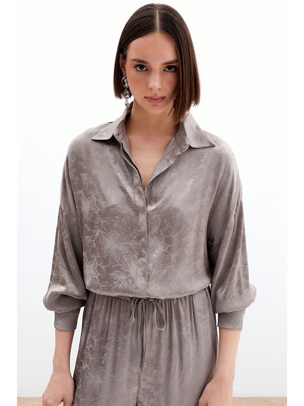 Bej Jakarlı Saten Gömlek - Vizon-1