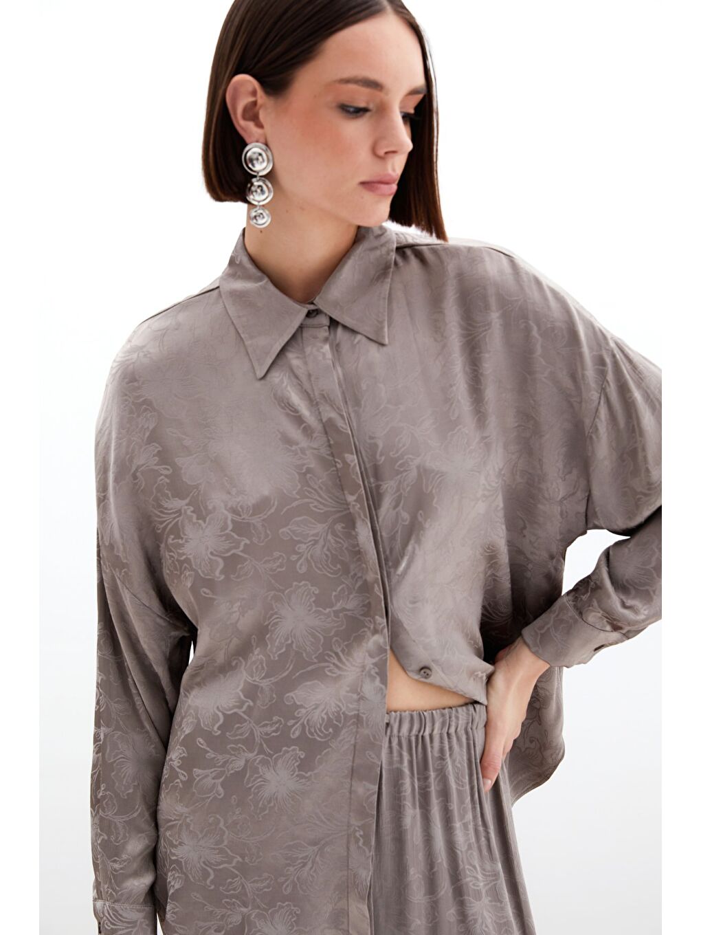 Bej Jakarlı Saten Gömlek - Vizon-2