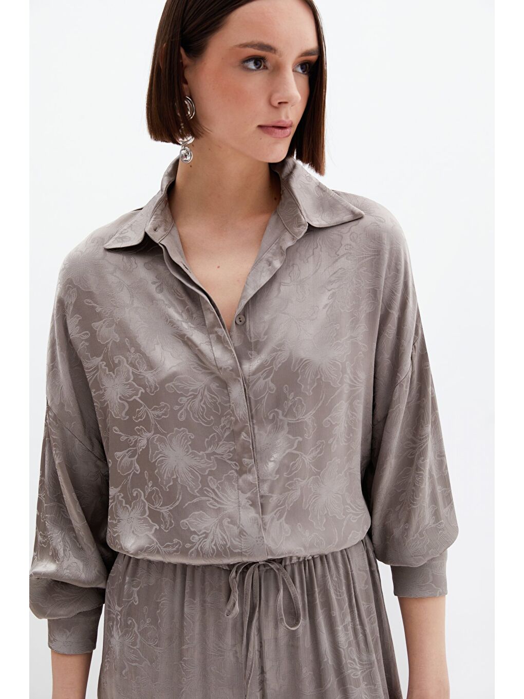 Bej Jakarlı Saten Gömlek - Vizon-3