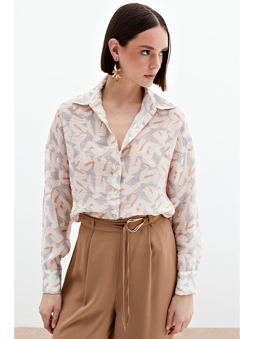 Desenli Viskon Gömlek - Gri-2