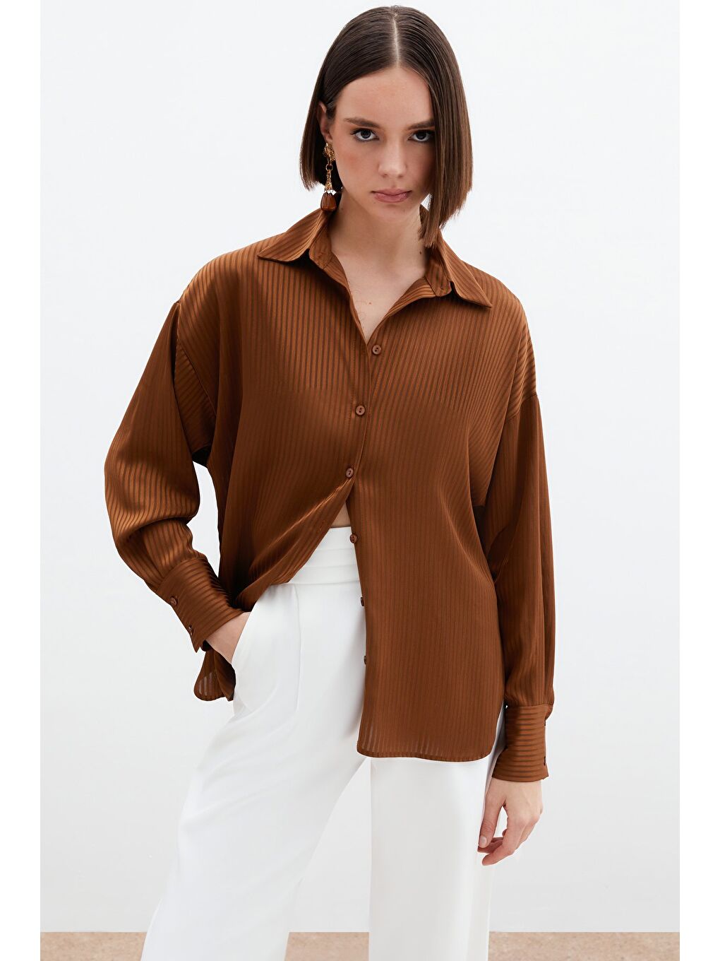 Kahverengi Kendinden Çizgi Desenli Gömlek - Kahve-2