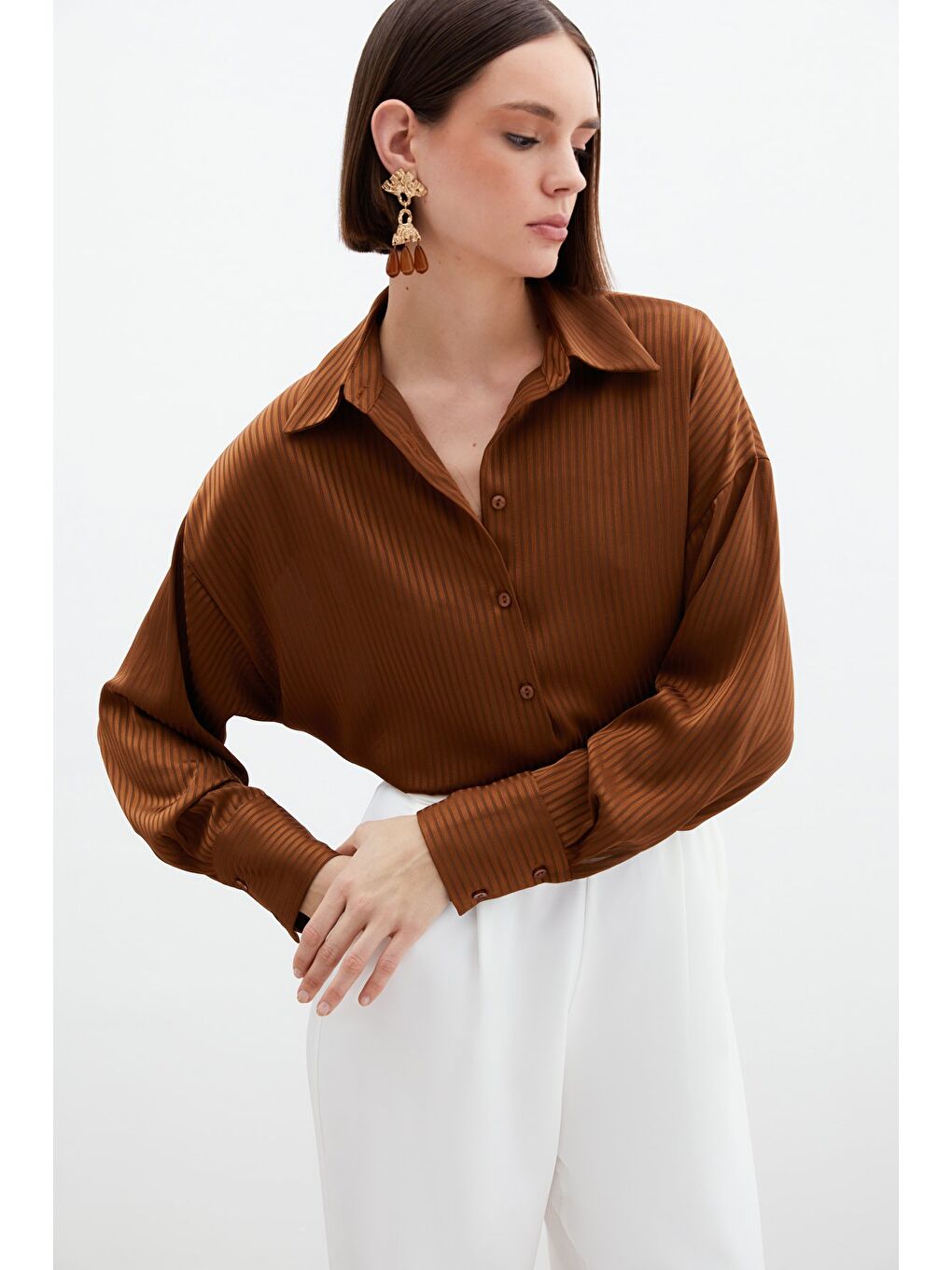 Kahverengi Kendinden Çizgi Desenli Gömlek - Kahve-3