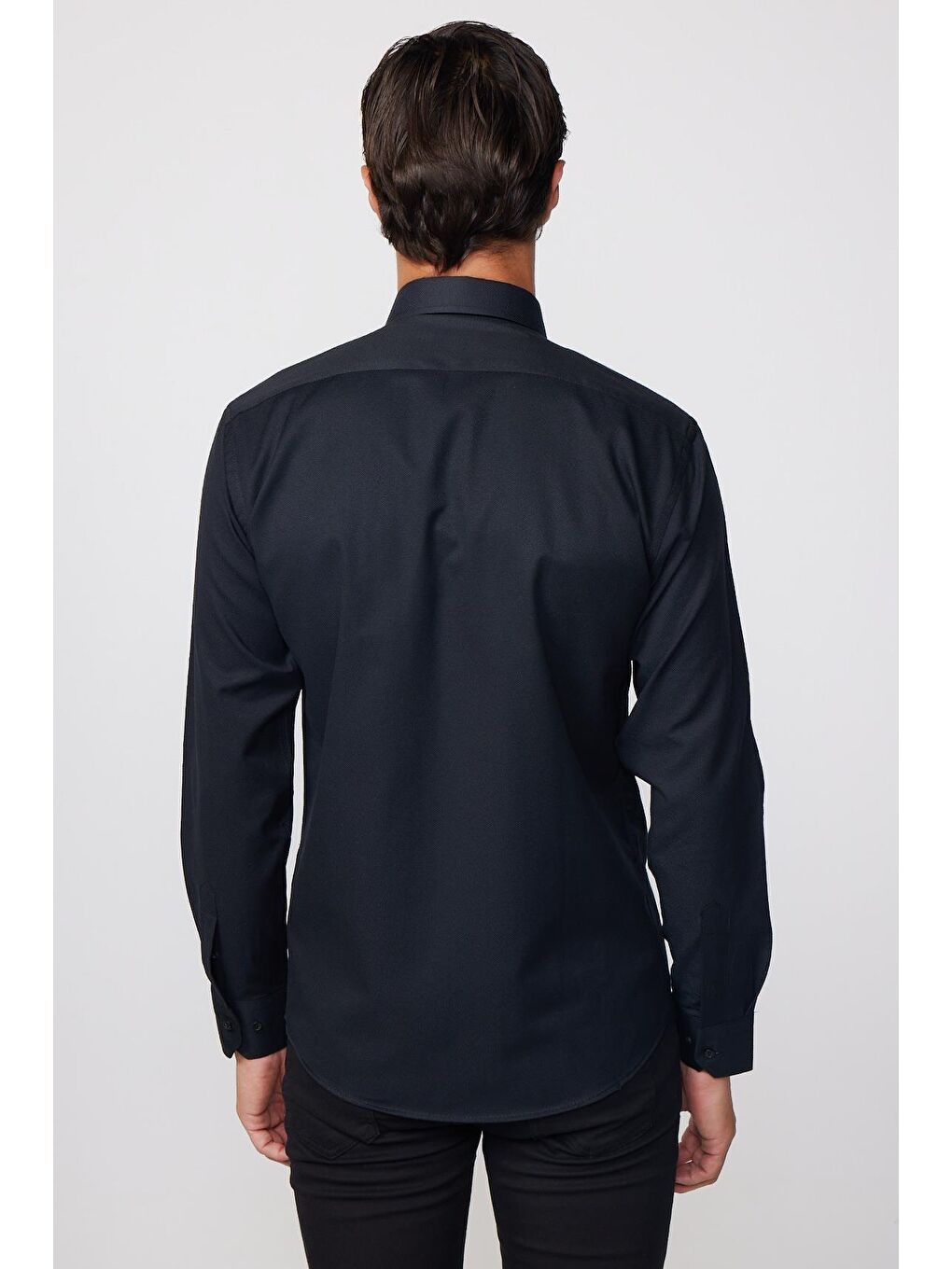 Modern Slim Fit Pamuklu Kolay Ütü Armürlü Siyah Erkek Gömlek-4