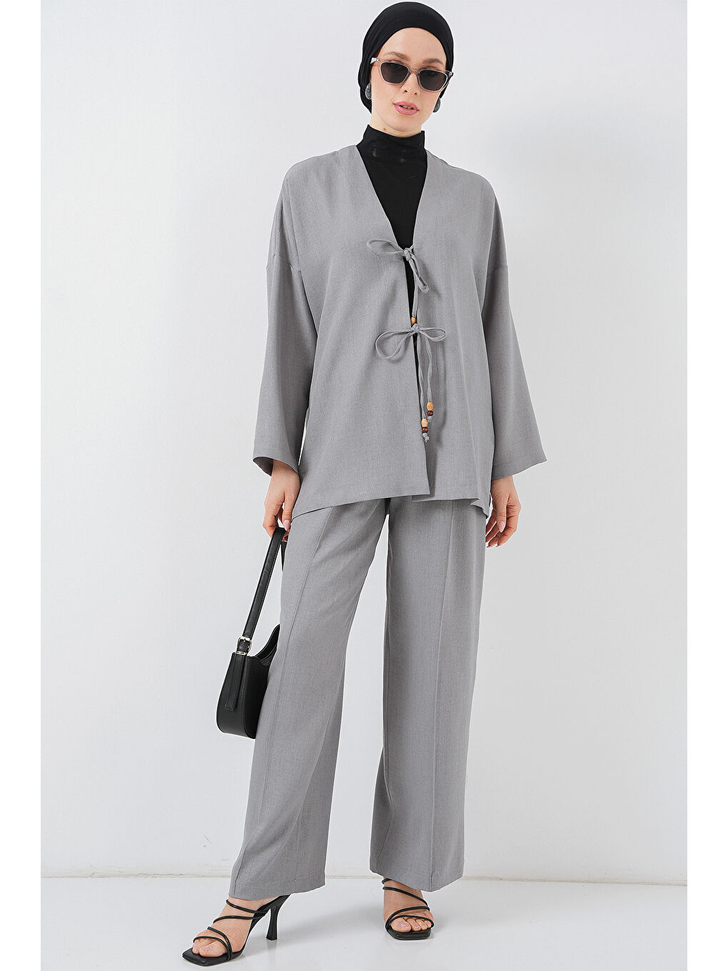 Kadın Keten Kimono İkili Takım 6727 - Gri-2