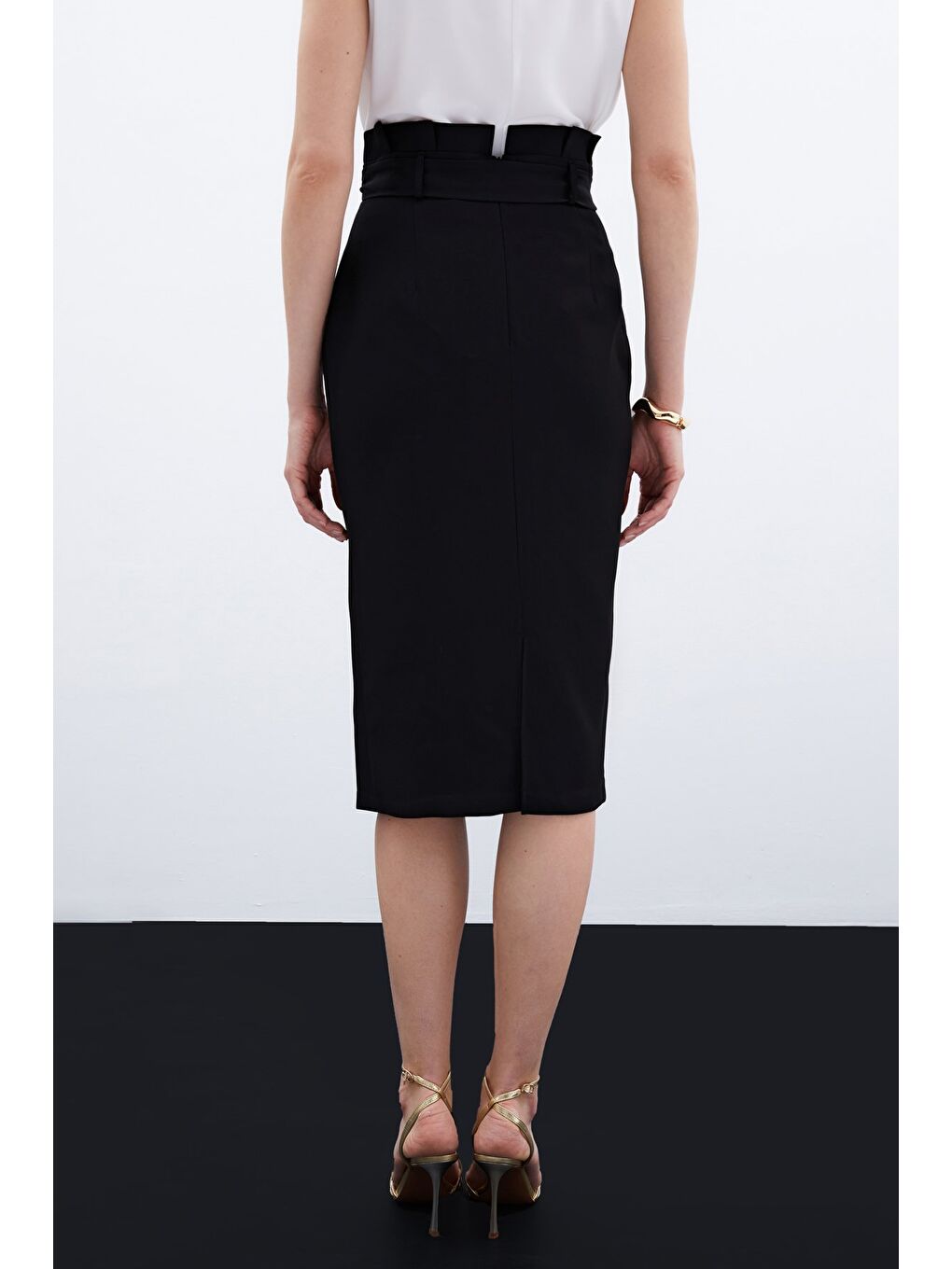 Kuşaklı Kalem Etek - Siyah-4