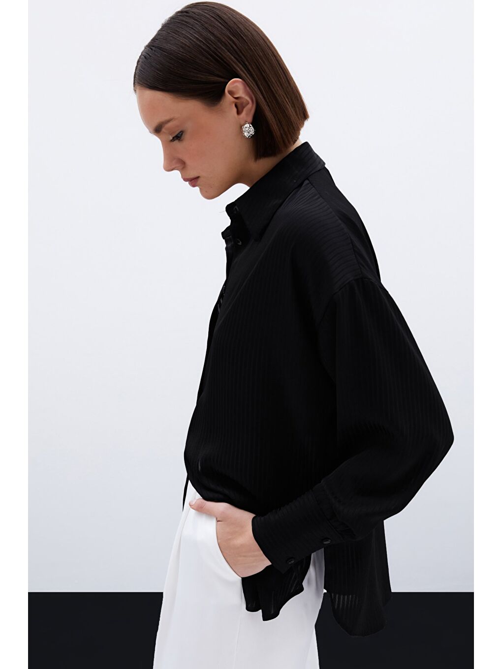 Kendinden Çizgi Desenli Gömlek - Siyah-3