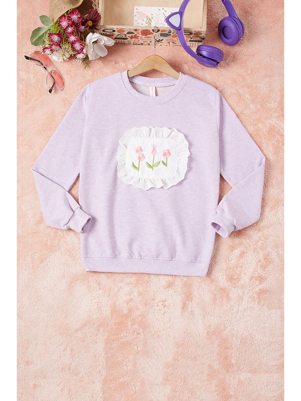 Pembe Life Kids Club Lila Dantelli Lale Nakışlı Kız Çocuk Sweatshirt 16768