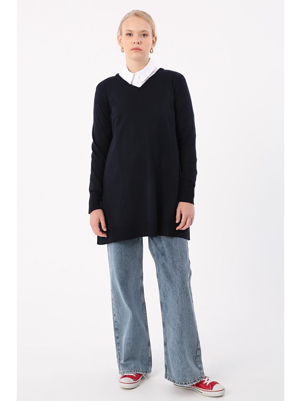 Lacivert V Yaka Triko Tunik-1