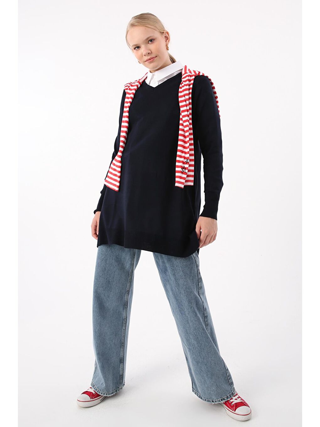 Lacivert V Yaka Triko Tunik-4
