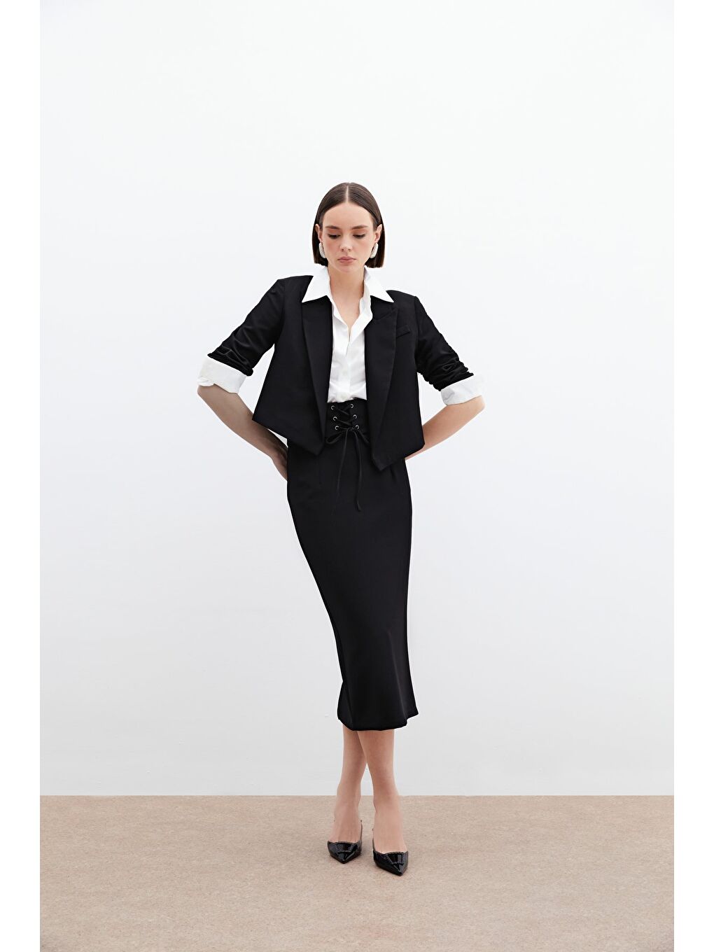 Bel Detaylı Kalem Etek - Siyah-2