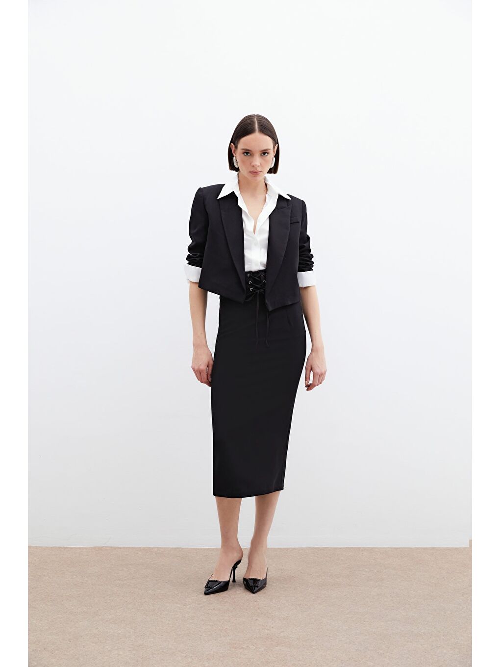 Bel Detaylı Kalem Etek - Siyah-4