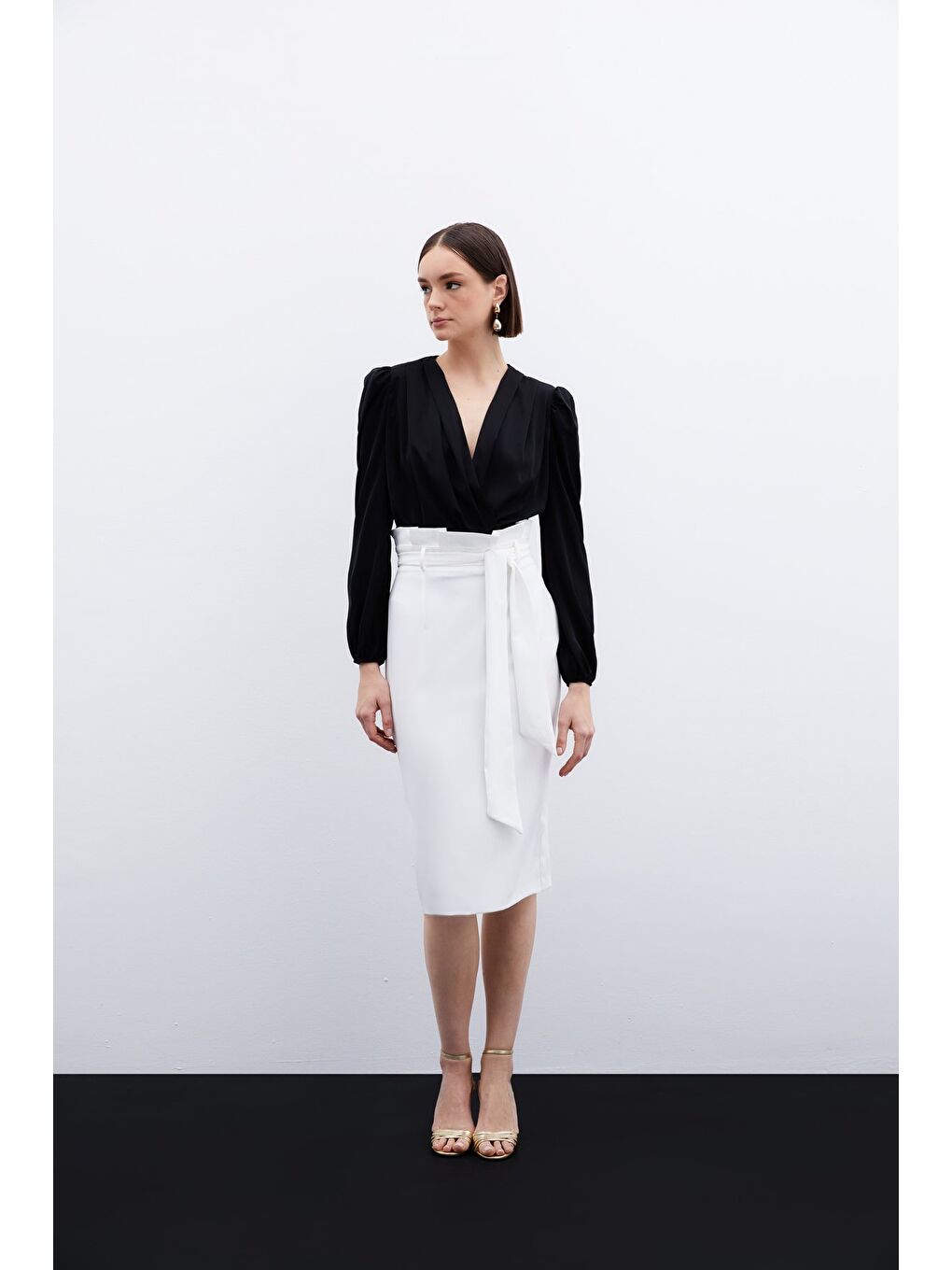 Kuşaklı Kalem Etek - Ekru-1