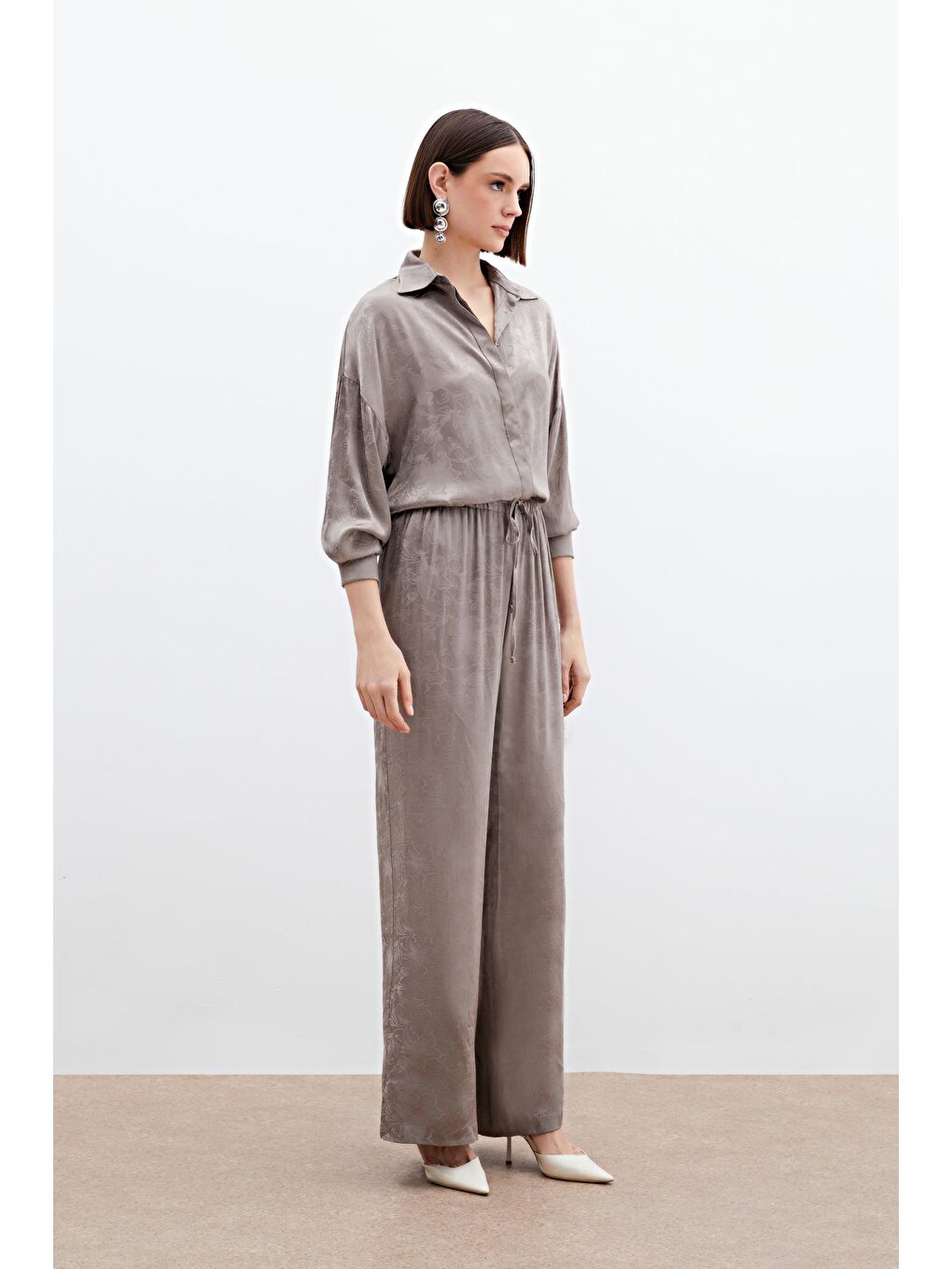 Bej Jakarlı Saten Pantolon - Vizon-1