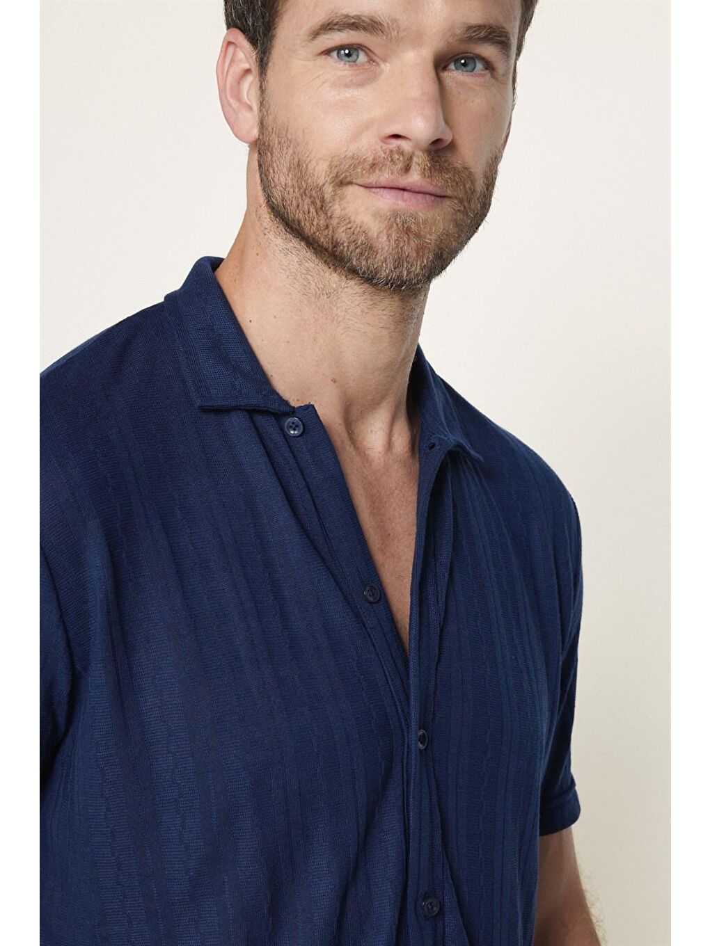 Erkek Slim Fit Kısa Kollu Desenli Serin Tutan Lacivert Gömlek-2