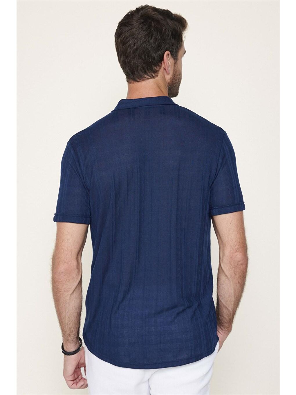 Erkek Slim Fit Kısa Kollu Desenli Serin Tutan Lacivert Gömlek-4