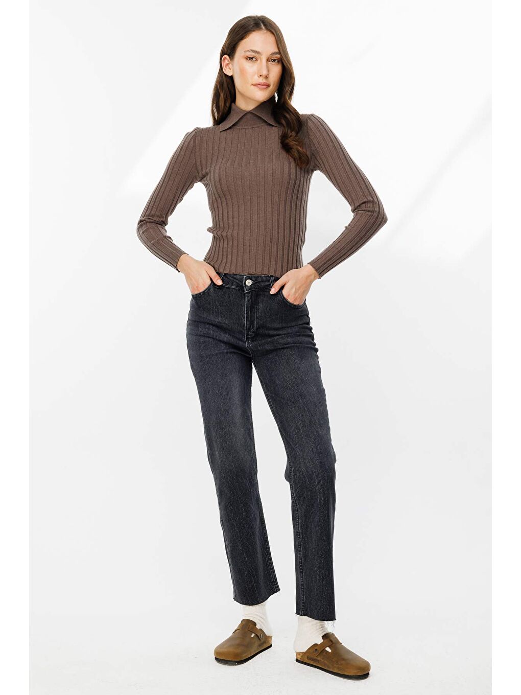 Kahverengi Lastik Örgü Pamuklu Kül Kahve Triko Body-4