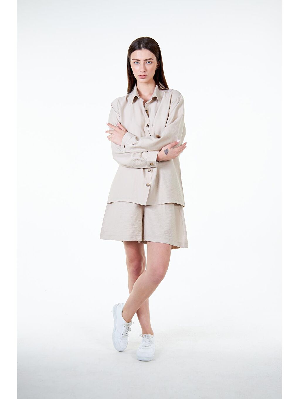 Bej Kadın Keten Görünümlü Salaş Bol Kalıp Gömlek - Revom-2