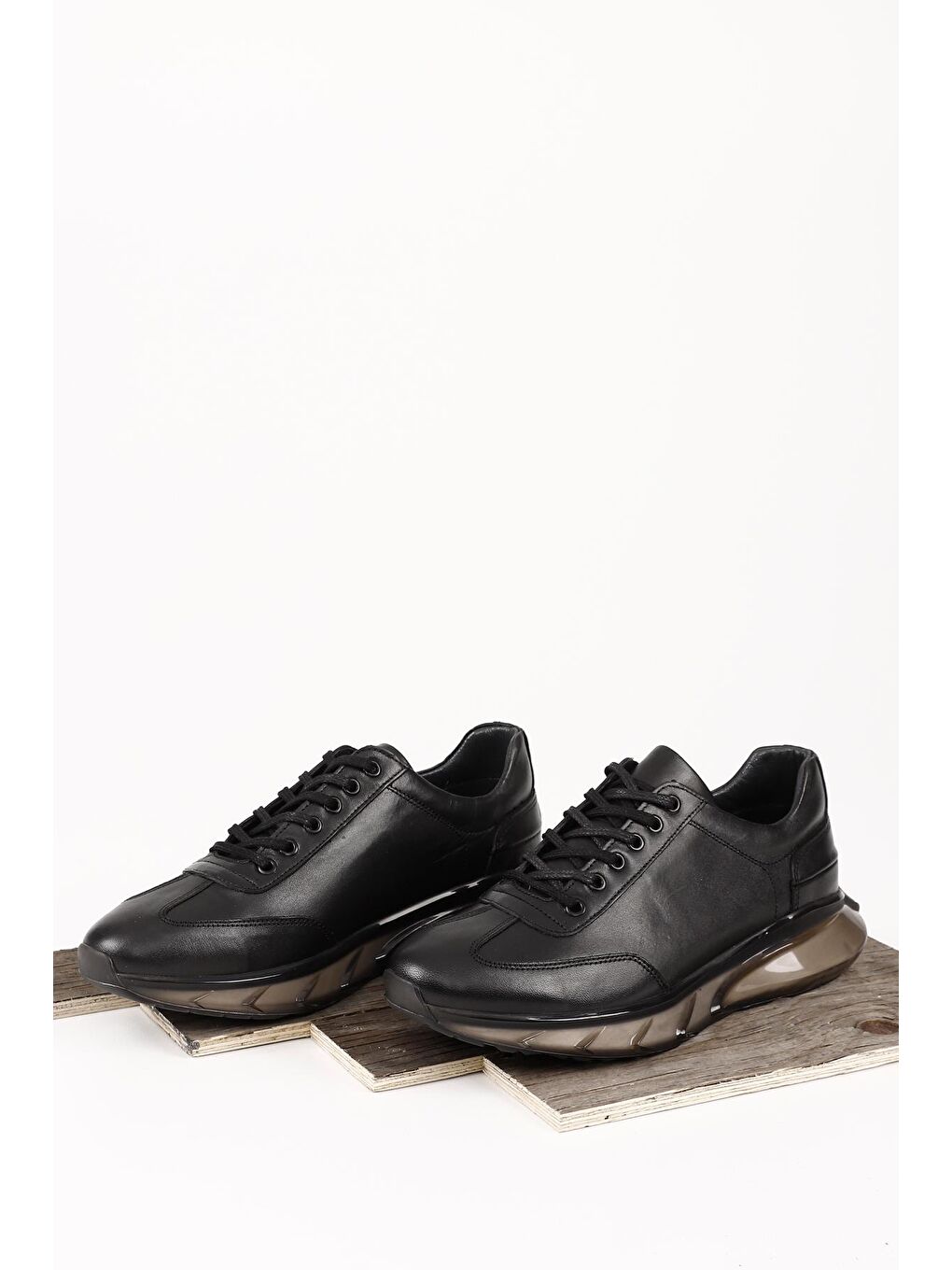 Siyah SİYAH  Hakiki Deri Bağcıklı Jel Tabanlıklı Erkek Günlük Sneaker 01473