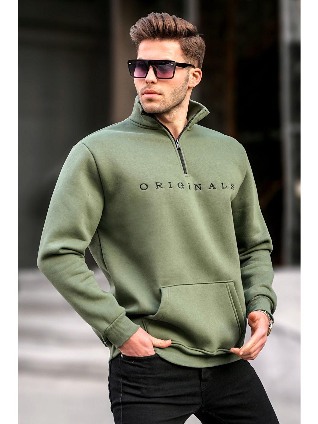 Madmext Haki Fermuar Yaka Nakışlı Sweatshirt 6028