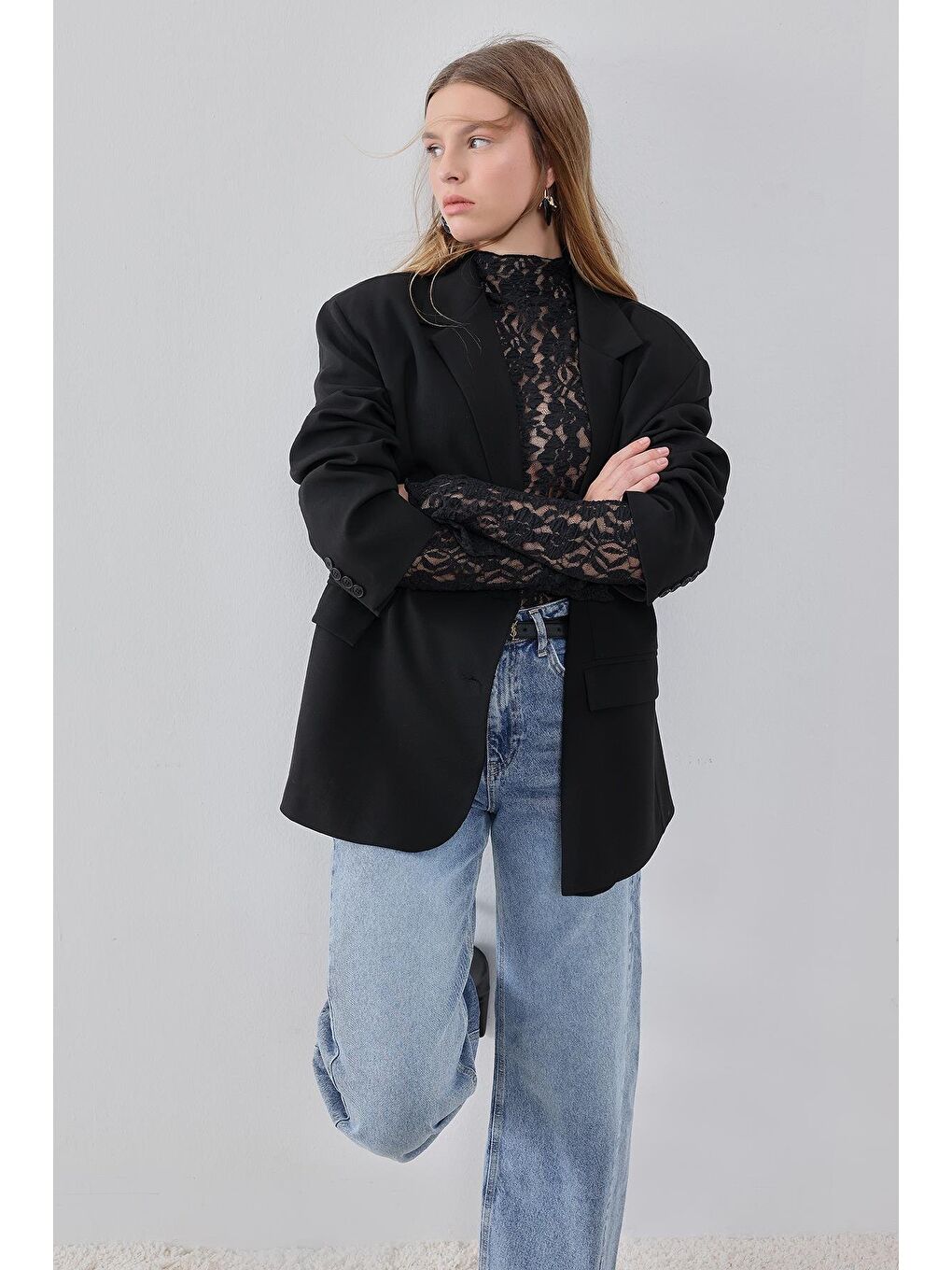 X Narod Bıçakçı Siyah Oversize Vatkalı Astarlı Ceket-3