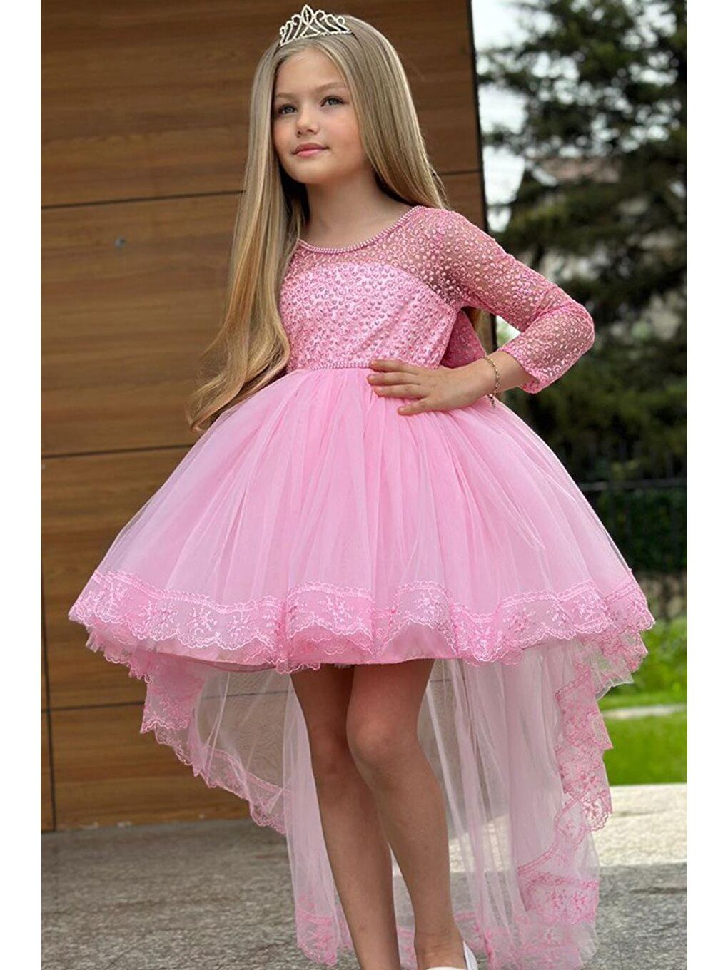 Kız Çocuk Yakası ve Kolları Transparan Sırt Dekolteli Beli İncili Pembe Abiye-2