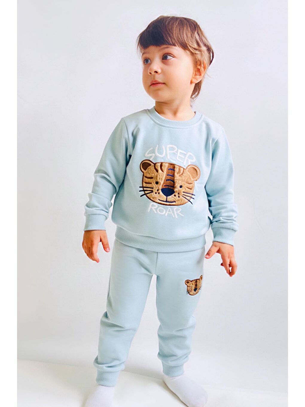 Turkuaz Erkek Çocuk Eşofman Takımı Sevimli Kaplan Nakışlı Su Yeşili (1-4 Yaş)